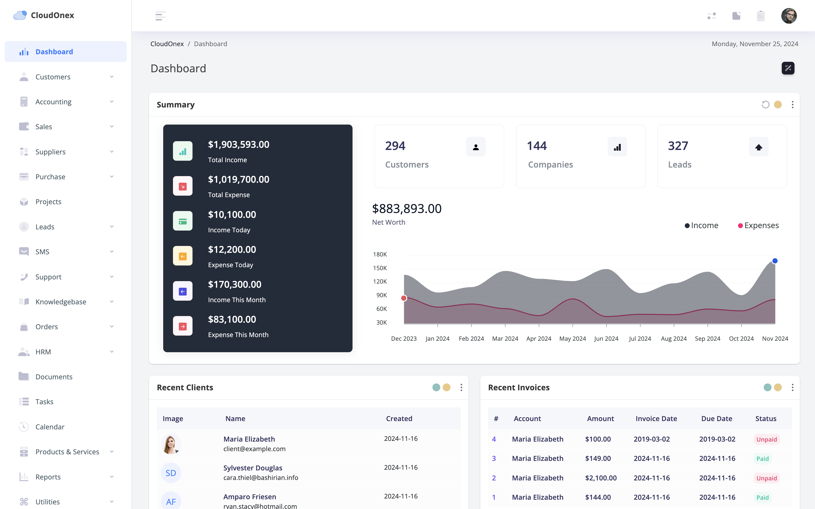 Business Suite dashboard with income, expenses, customers and recent invoices